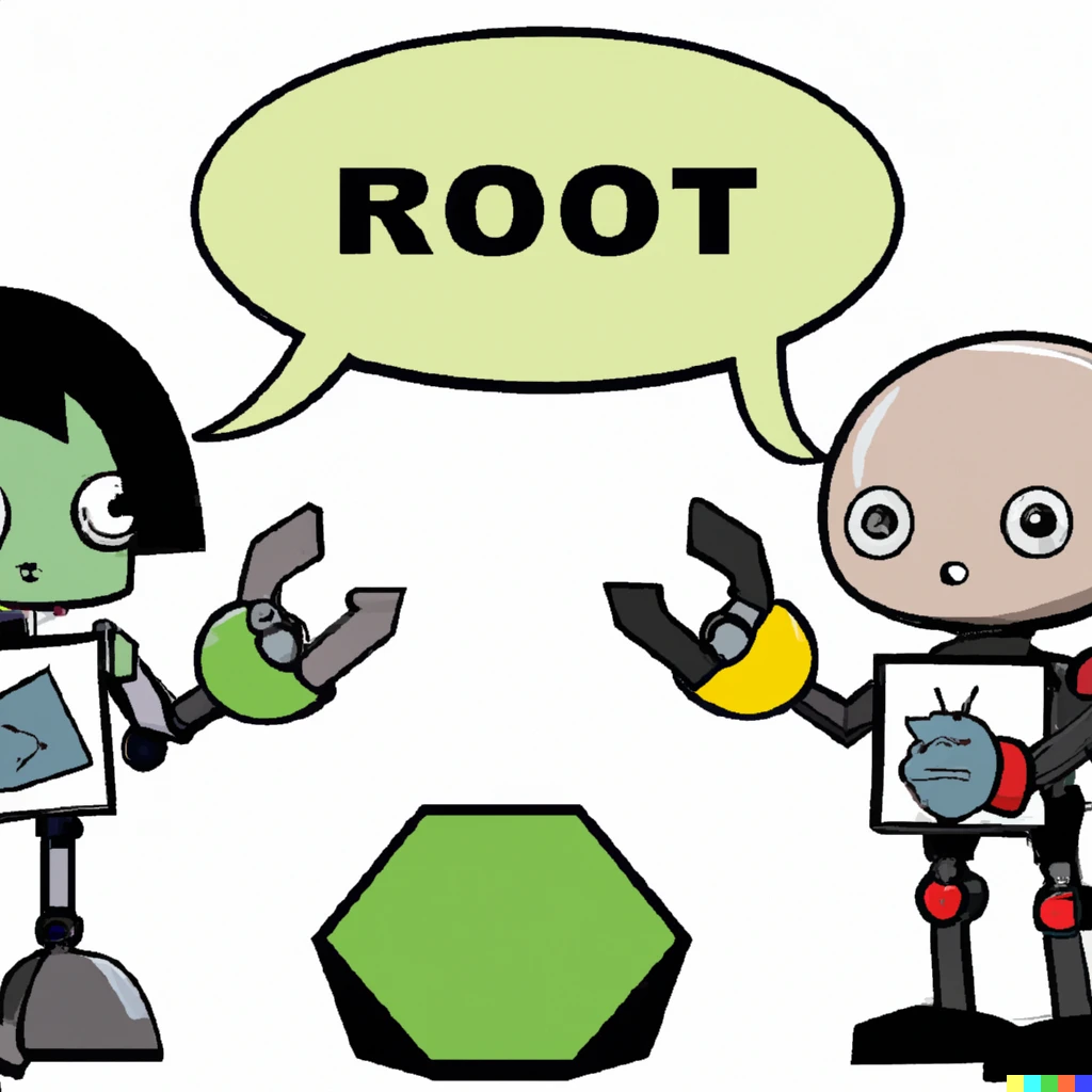 Prompt: two robots playing rock-paper-scissors. one has a thought bubble with a rock in it. 