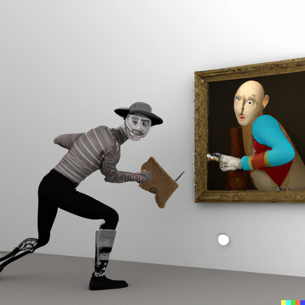Prompt: Picasso trying to steal the Mona Lisa, 3d rendered