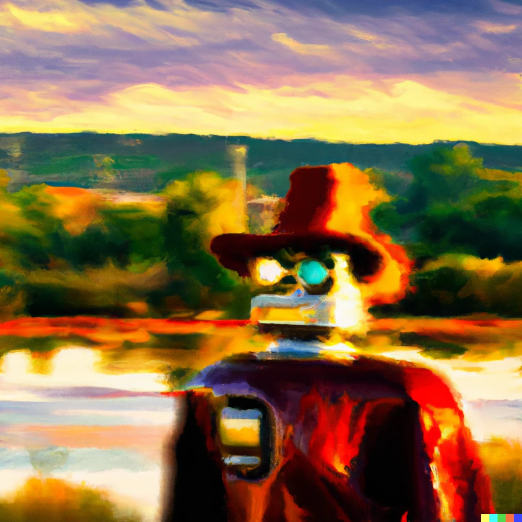 Prompt: robot with a cowboy hat  in the sunset in the style of monet