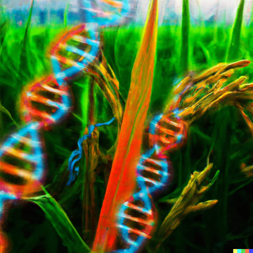 Prompt: An hyperrealistic and futuristic picture of a paddy rice field with colorful DNA molecules budding from the rice panicles