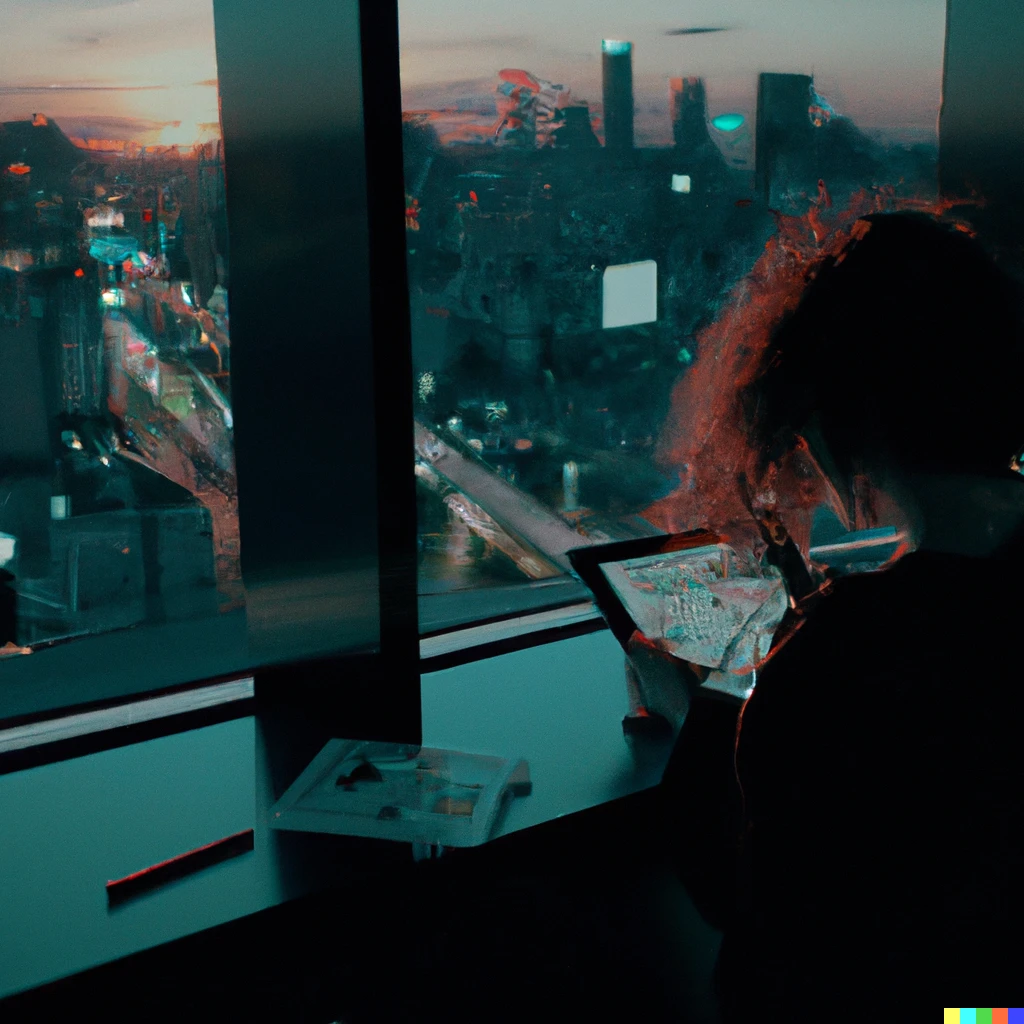 Prompt: A wide shot of a messy bob-haired girl, sketching on an ipad, beside a window overlooking an aerial view of a bustling, bright, and radiant cyberpunk megacity, drawn in a hyperrealistic dark neon artsyle