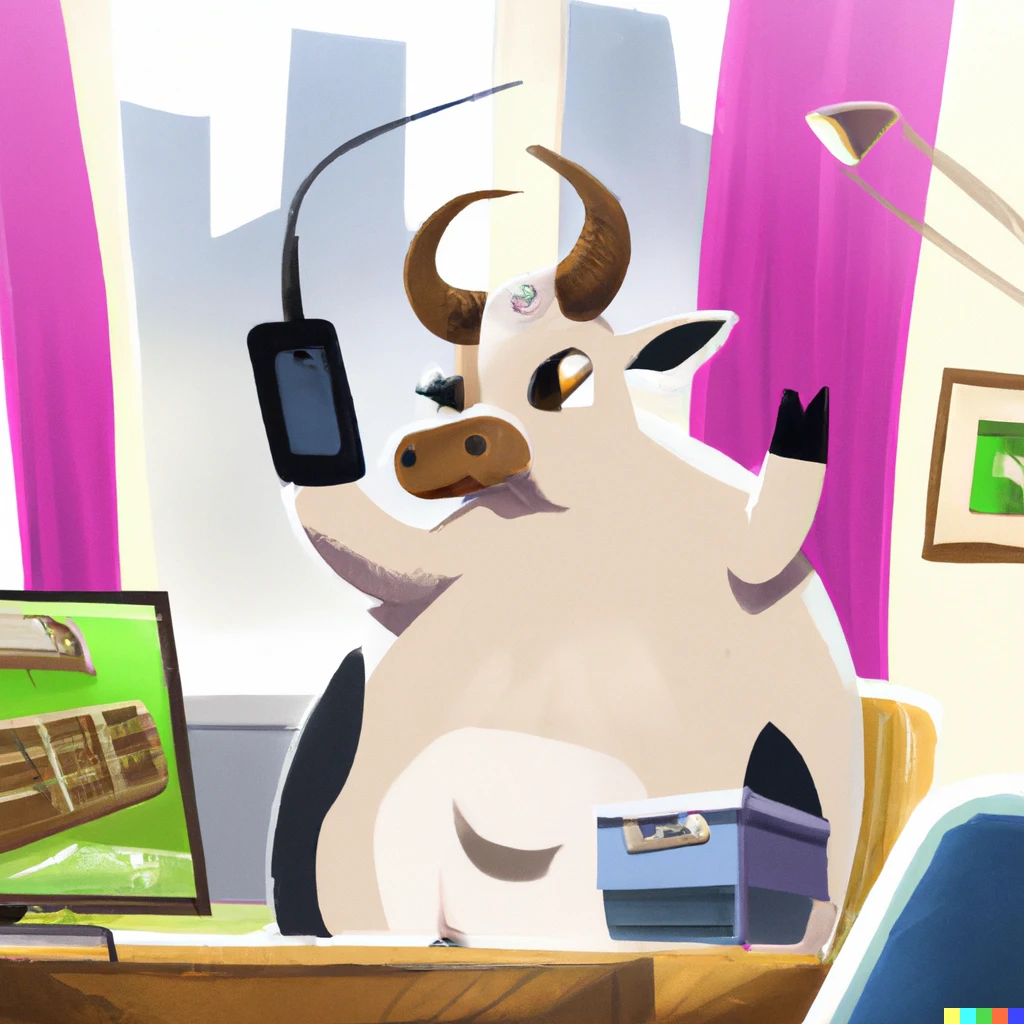Prompt: A cow is performing a live stream of Nintendo games in his room. Digital Art.