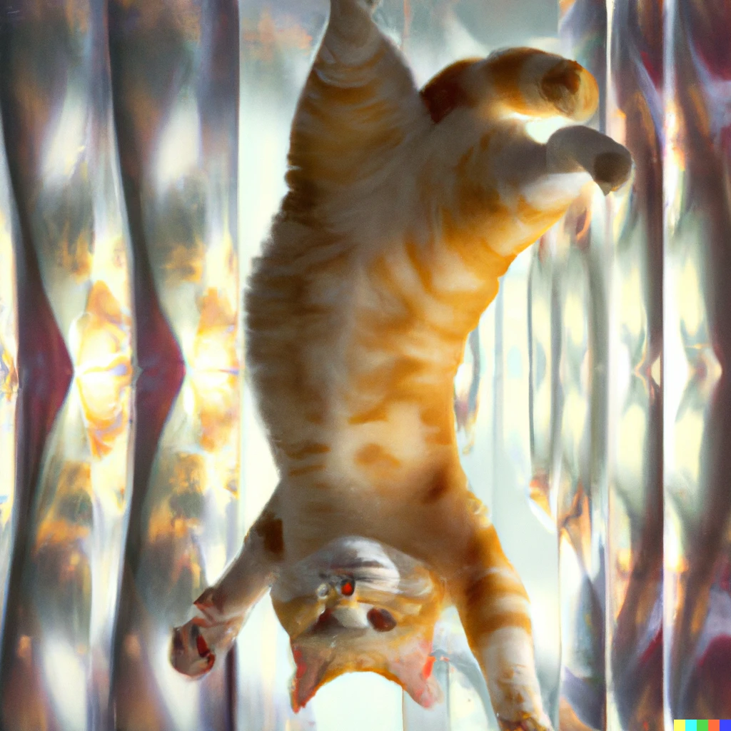 Prompt: An orange tabby cat walking upside down on a crystal ceiling, digital art. 