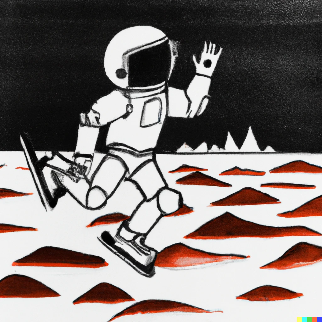 Prompt: An astronaut ice skates on the surface of the planet Mars, expressionism. 