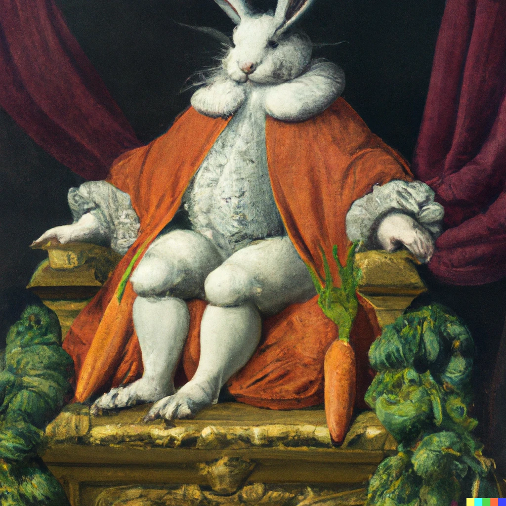 Prompt: The Great Rabbit Emperor sitting on this throne of carrots in his imperial costume, by Jacques-Louis David