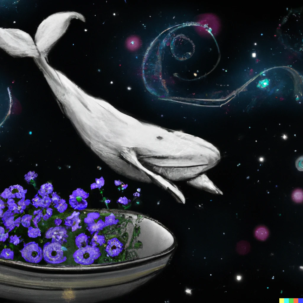 Prompt: A whale falling through space next to a bowl of petunias