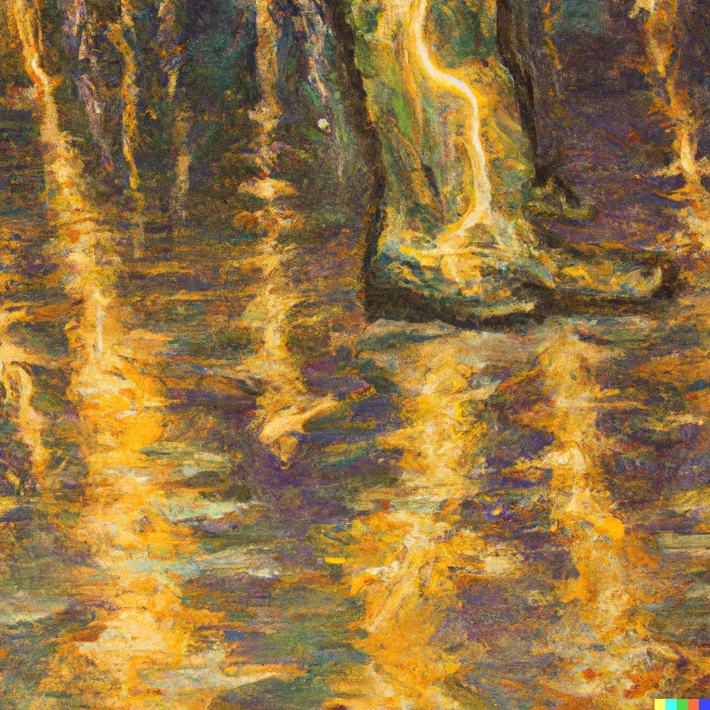Prompt: Lightning and thunder, walking in my golden shoes, Golden Reflections
painted by Claude Monet
