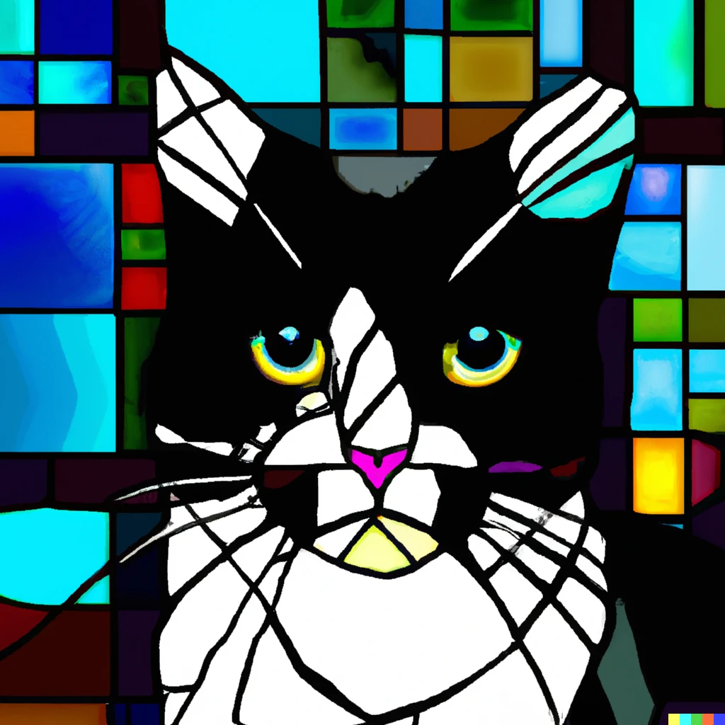 Prompt: black and white cat as stained glass window