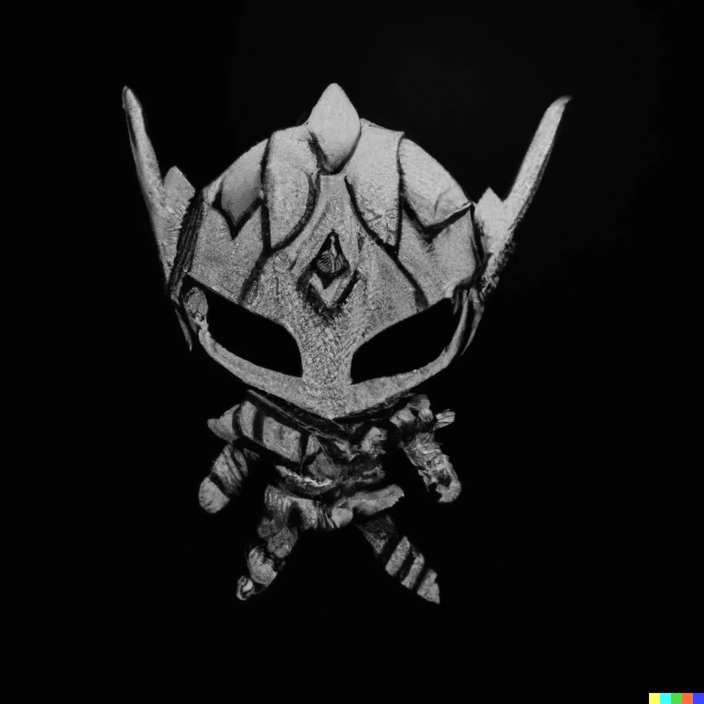 Prompt: A photo of chibi two horned Skeleton knight sketch style with black background Pov