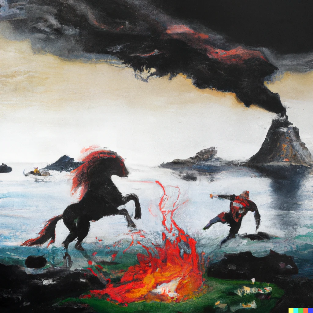 Prompt: oilpainting of A football player fighting against black mare on fire, standing in an ocean with an island volcano in the background