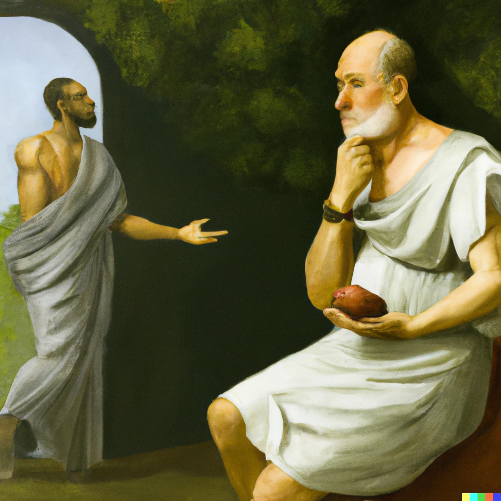 Prompt: A classical oil painting of Plato contemplating a pancreas