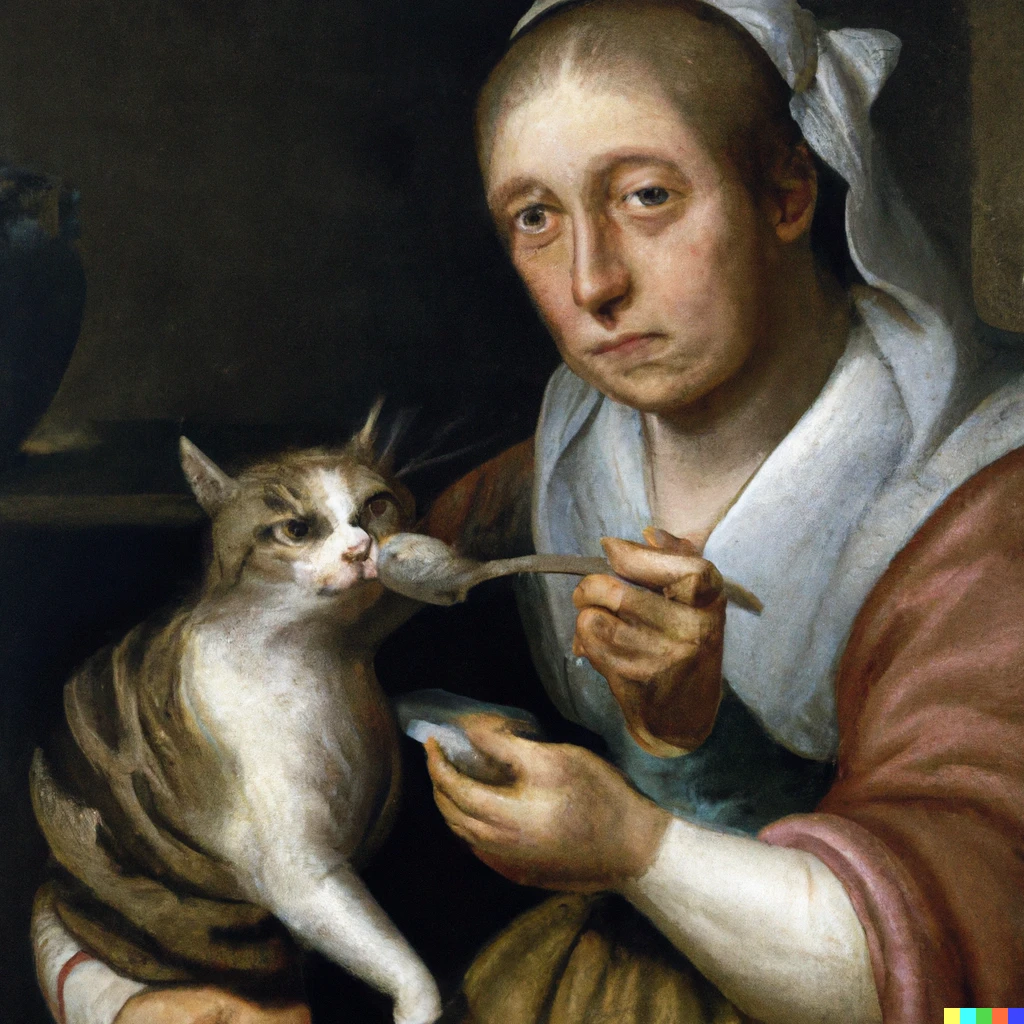 Prompt: A detailed 17th century painting of a peasant woman spoon feeding a cat, oil on canvas