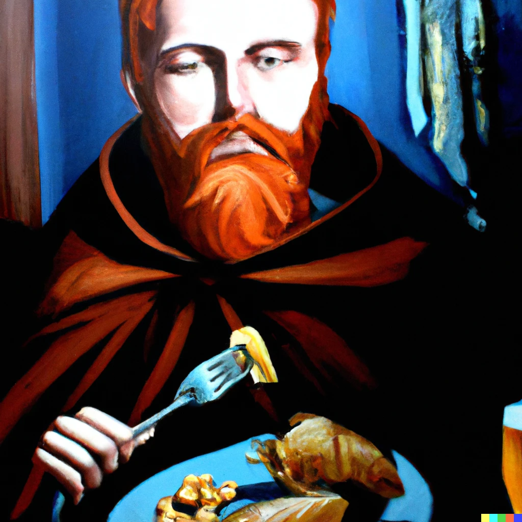 Prompt: An oil painting of Obi-wan eating fish and chips for dinner