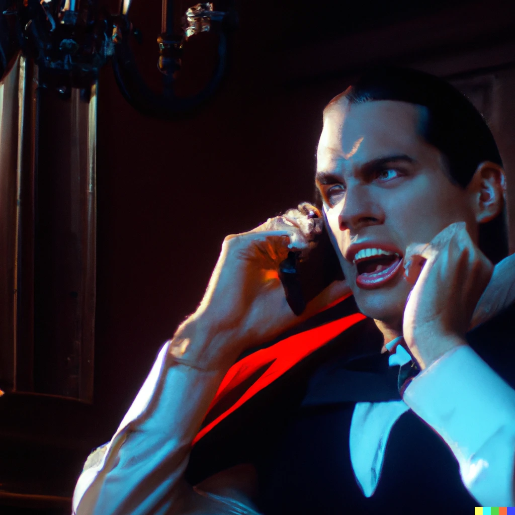 Prompt: Dracula getting exasperated with someone over the phone, still image from Nosferatu.