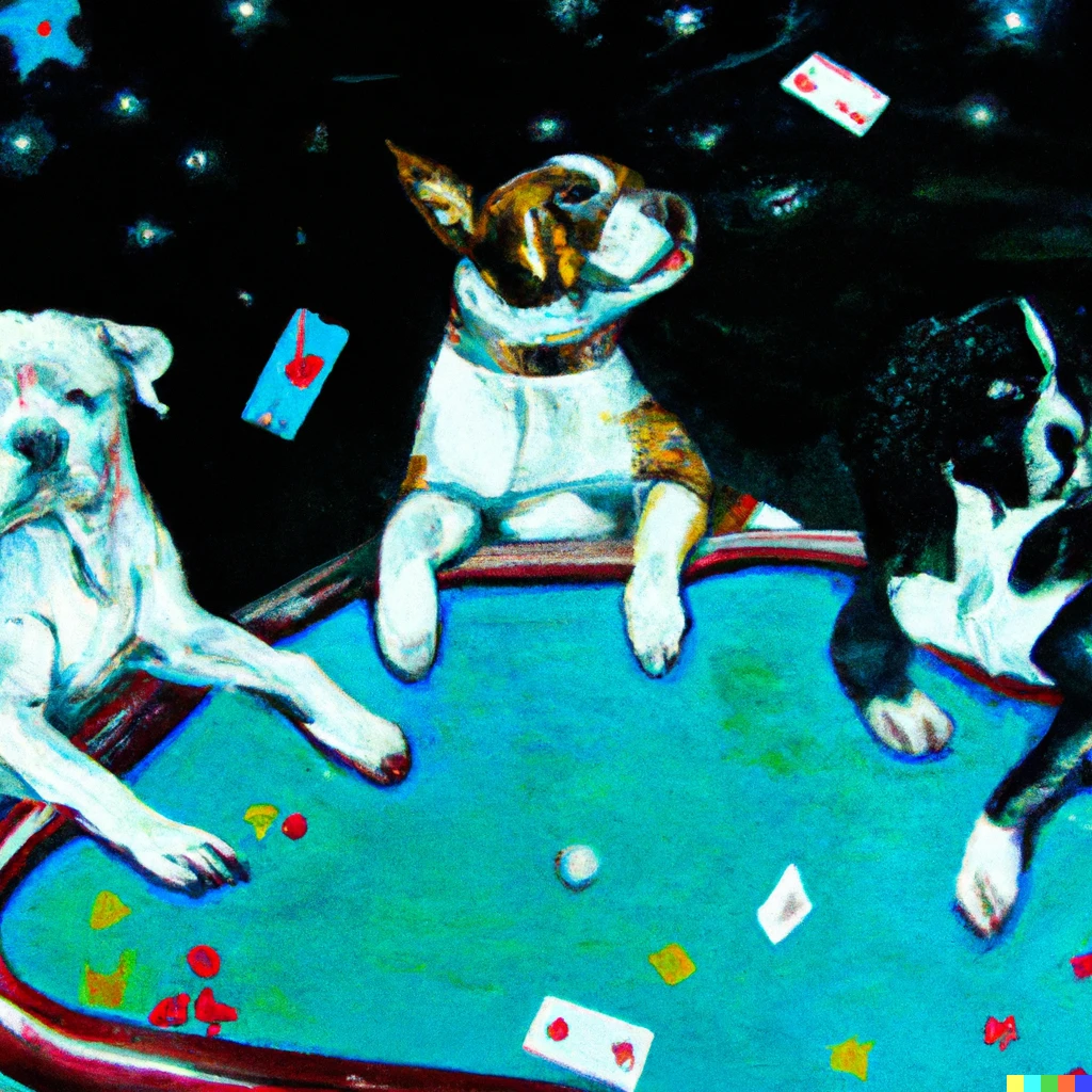 Prompt: an expressive oil painting of dogs playing poker on a table floating through the space