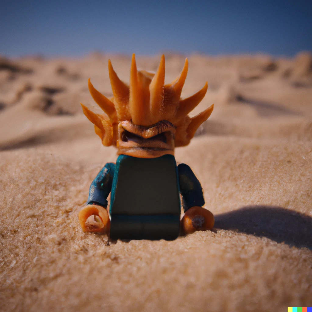 Prompt: Lego figure gremlin in dune movie 