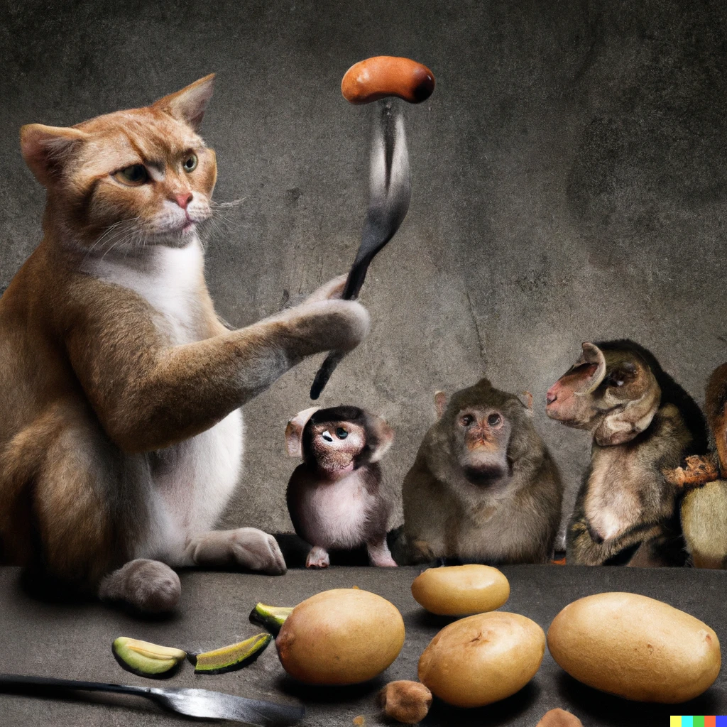 Prompt: A photo of A cat cooking dinner using a fork. near by is a potato and a group of monkeys watching the cat