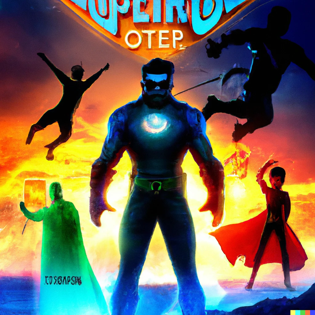 Prompt: Super hero movie poster with vivid colors and his team behind With a super cool title