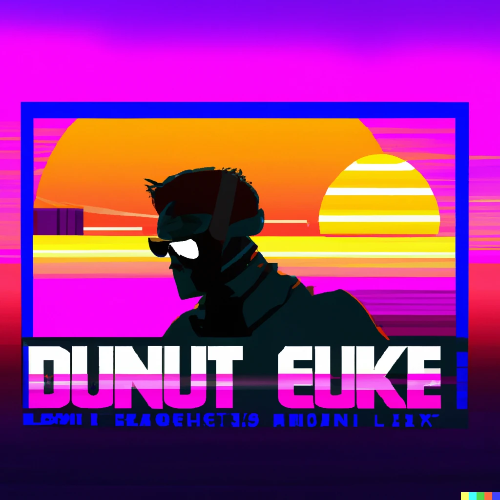 Prompt: duke nukem as post modern art with a synthwave sunset background
