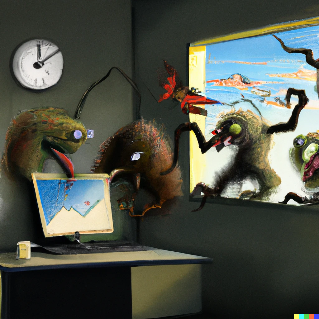 Prompt: A Dali style painting of an Excel Spreadsheet turning into monsters that creep outside a computer screen located at a grey office.