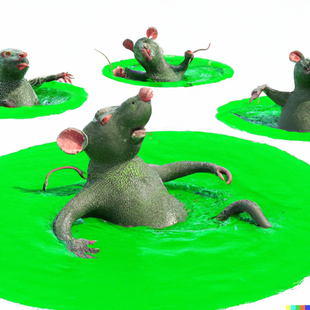 Prompt: 3D render of rats running around sewers filled with green slime. In the slime a fat and bald sicko swimming and enjoying his degeneracy.