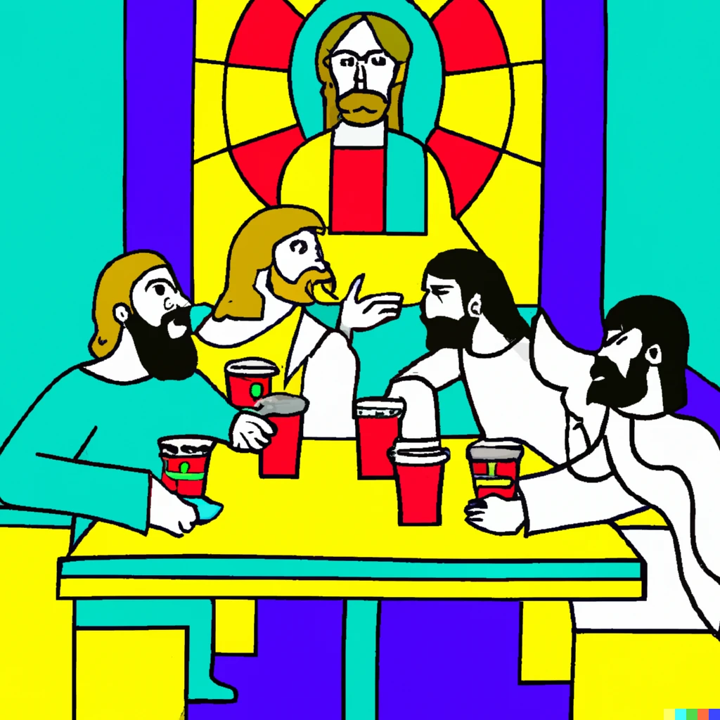 Prompt: Jesus and his apostoles having the last supper in a McDonalds restaurant, Roy Lichtenstein style.