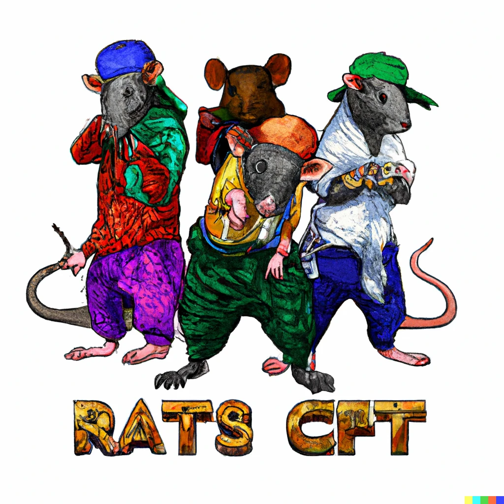 Prompt: Rats dressed as rappers. Style of 90s hiphop album cover. Digital art. 