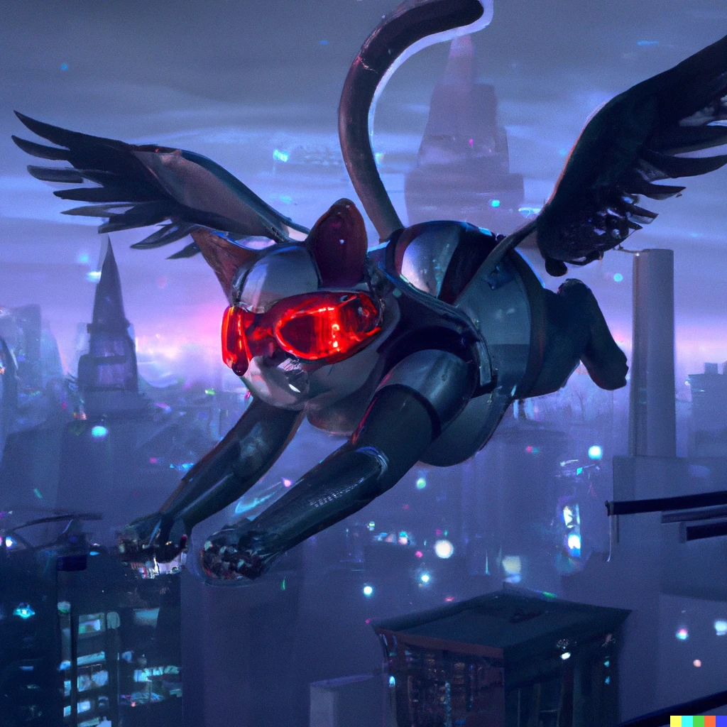 Prompt: A cat with steel wings, red googles, and futuristic suit, flying over a city in the year 2300. Blade runner style, cyberpunk.
