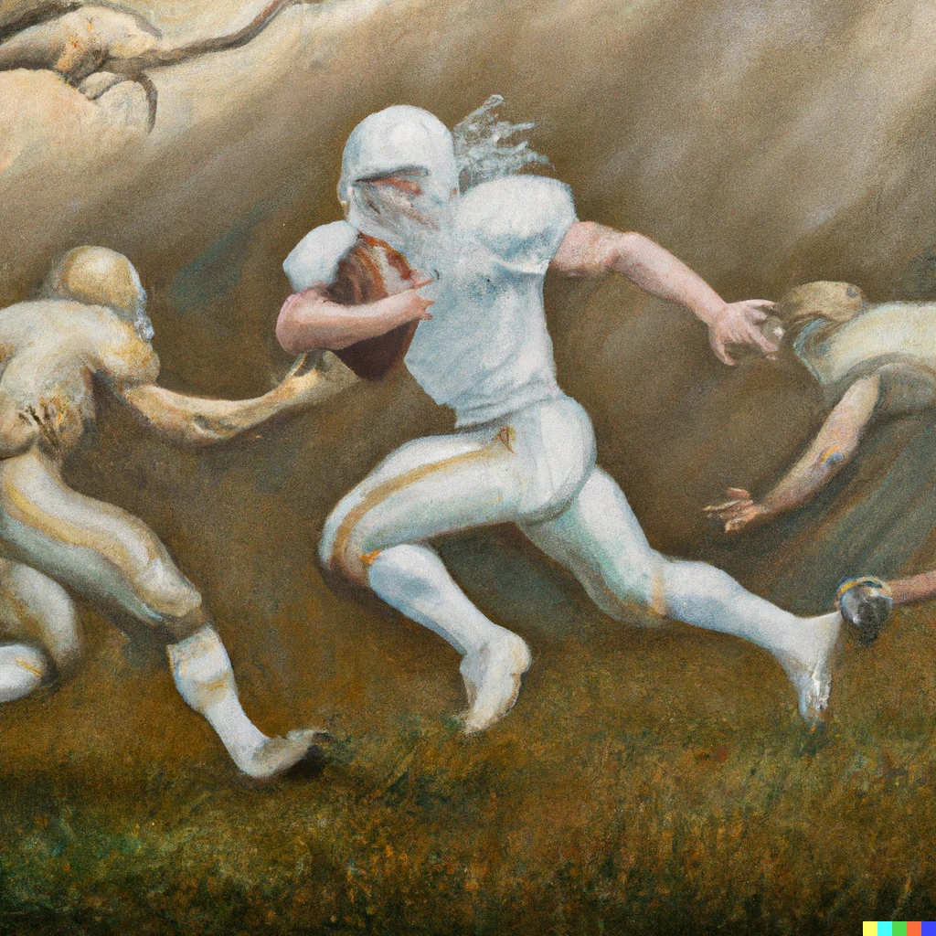 Prompt: An american football player running with the ball. Angels flying in the sky, a snake on the floor. Trees in the background sfumata. Leonardo Da Vinci oil painting style.