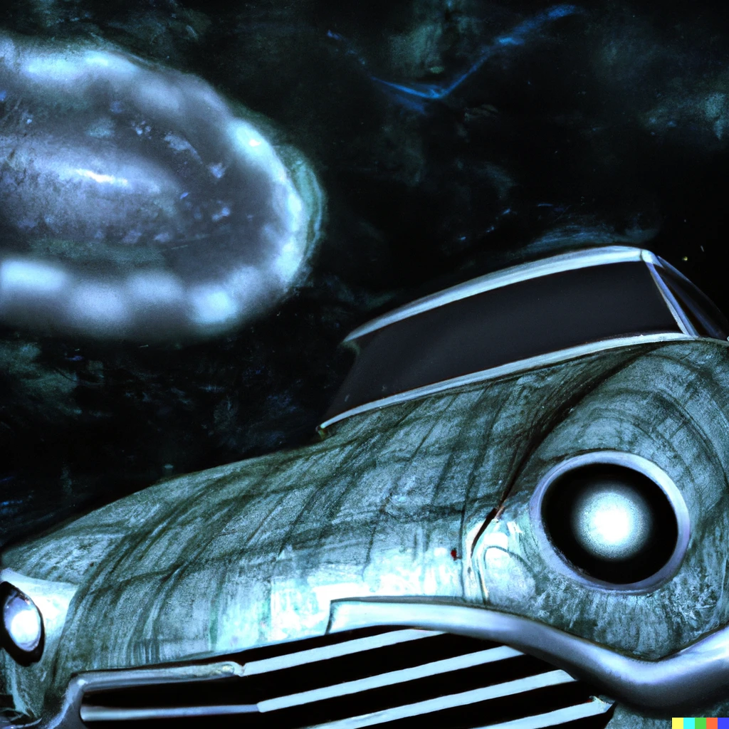 Prompt: A 3D render of a UFO with a 50s car design. Background of a van gogh styled sci fi supernova.