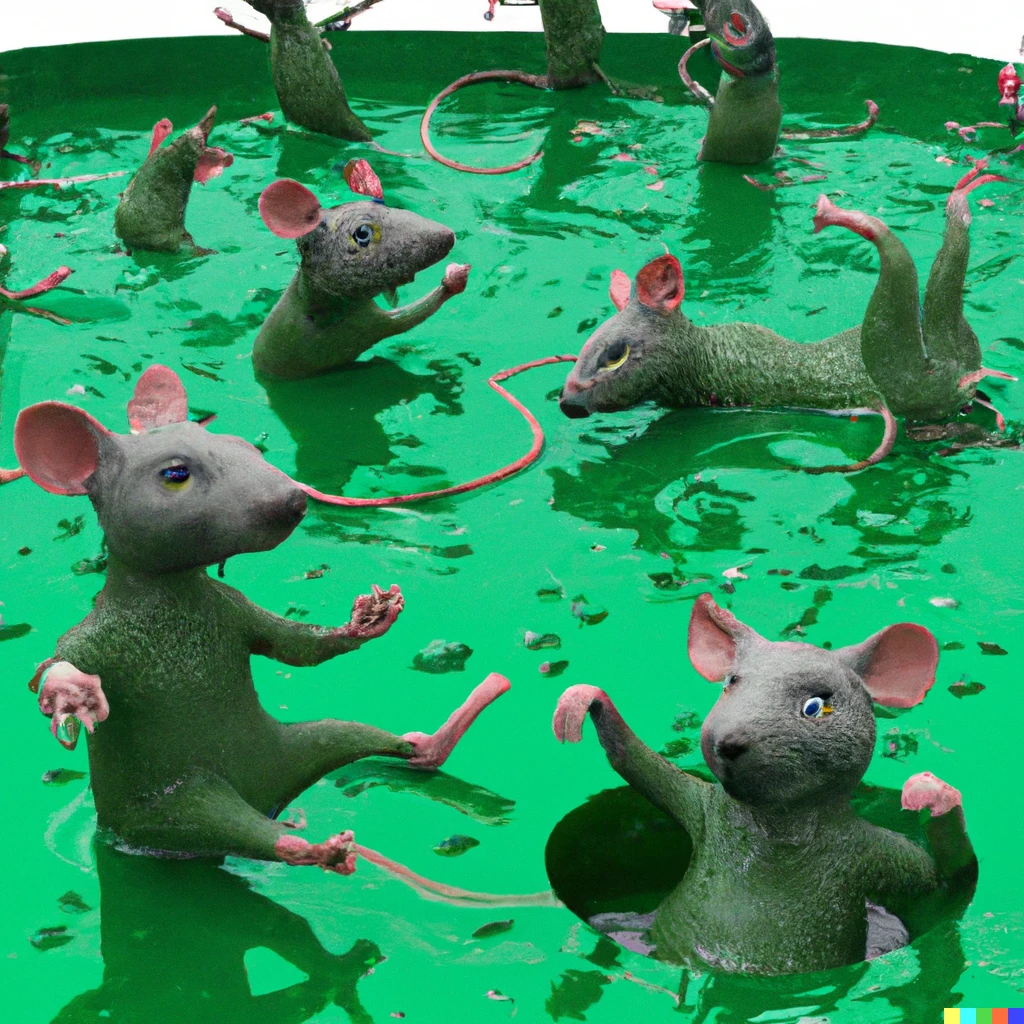 Prompt: 3D render of rats running around sewers filled with green slime. In the slime a fat and bald sicko swimming and enjoying his degeneracy.