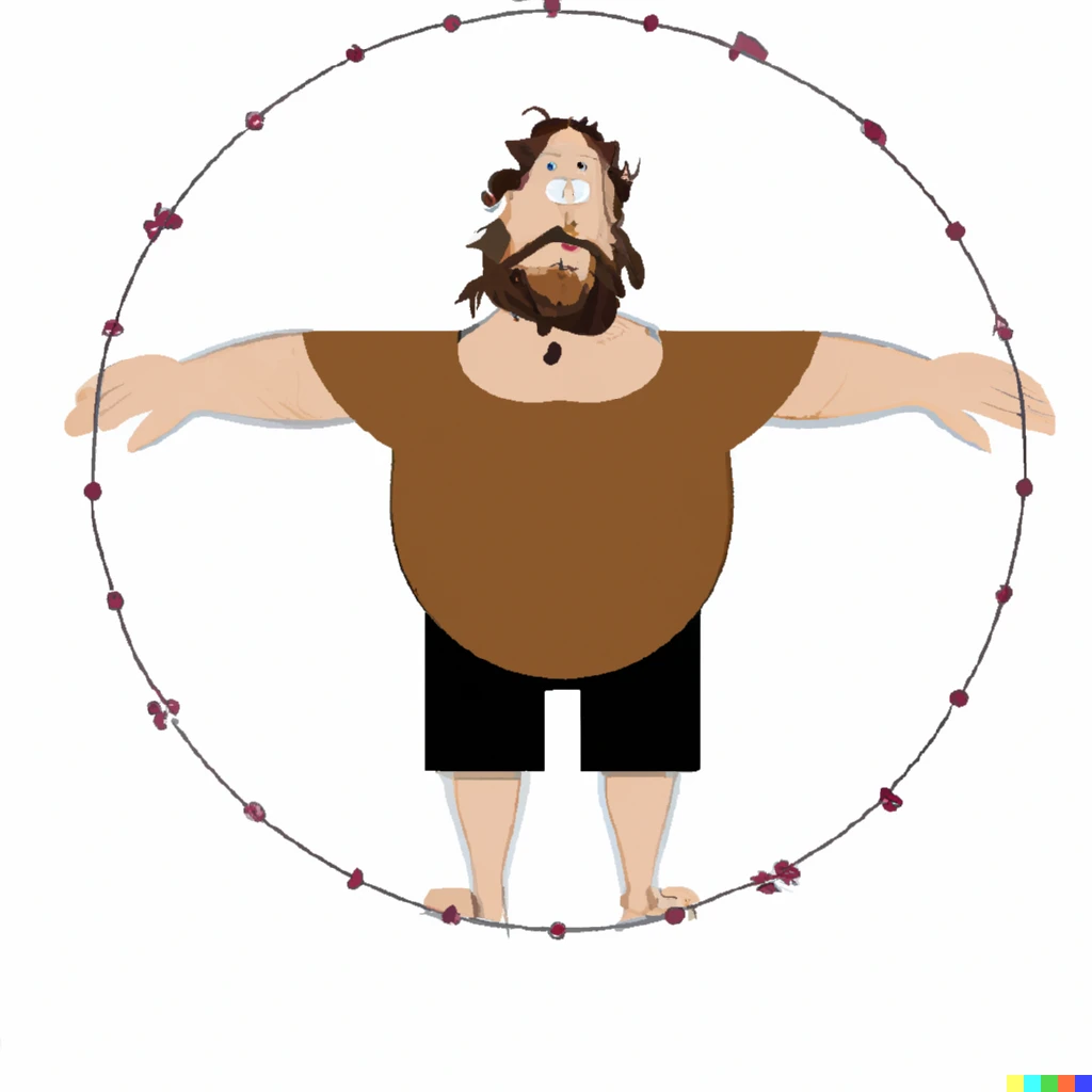 Prompt: A fat and hairy Vitruvian Man
