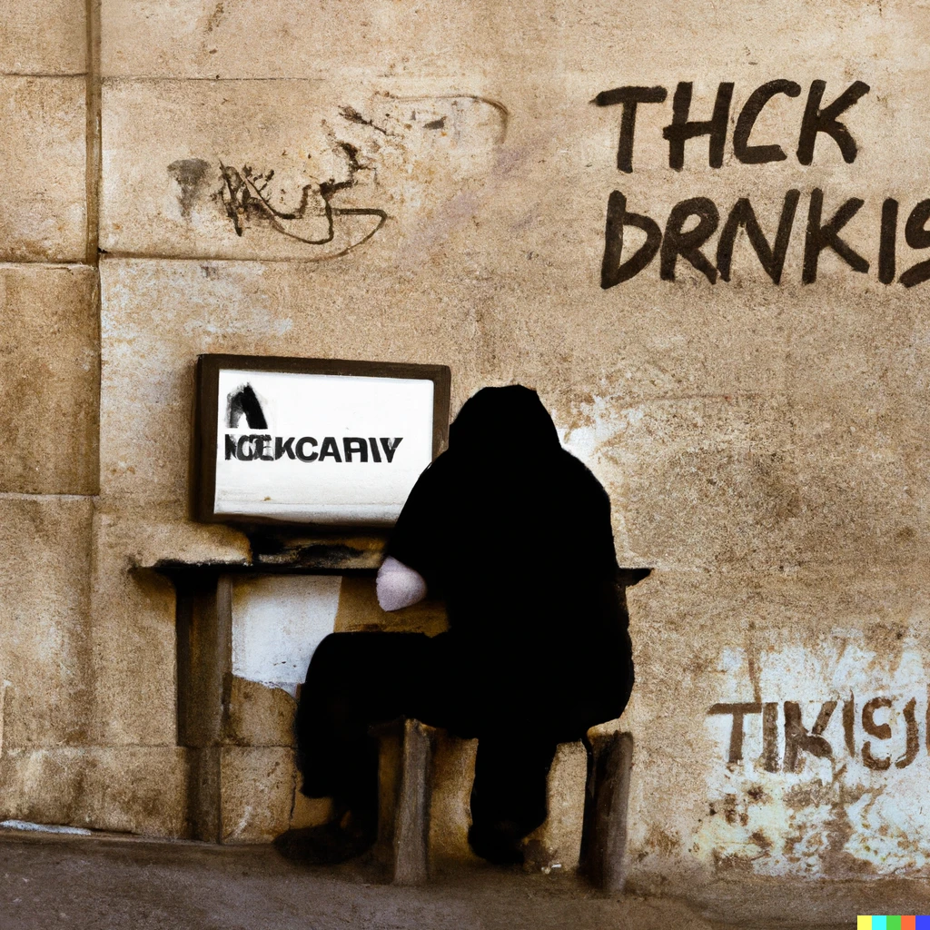 Prompt: A poster on a wall of a hunchbacked man using a desktop computer, Banksy stencil style.