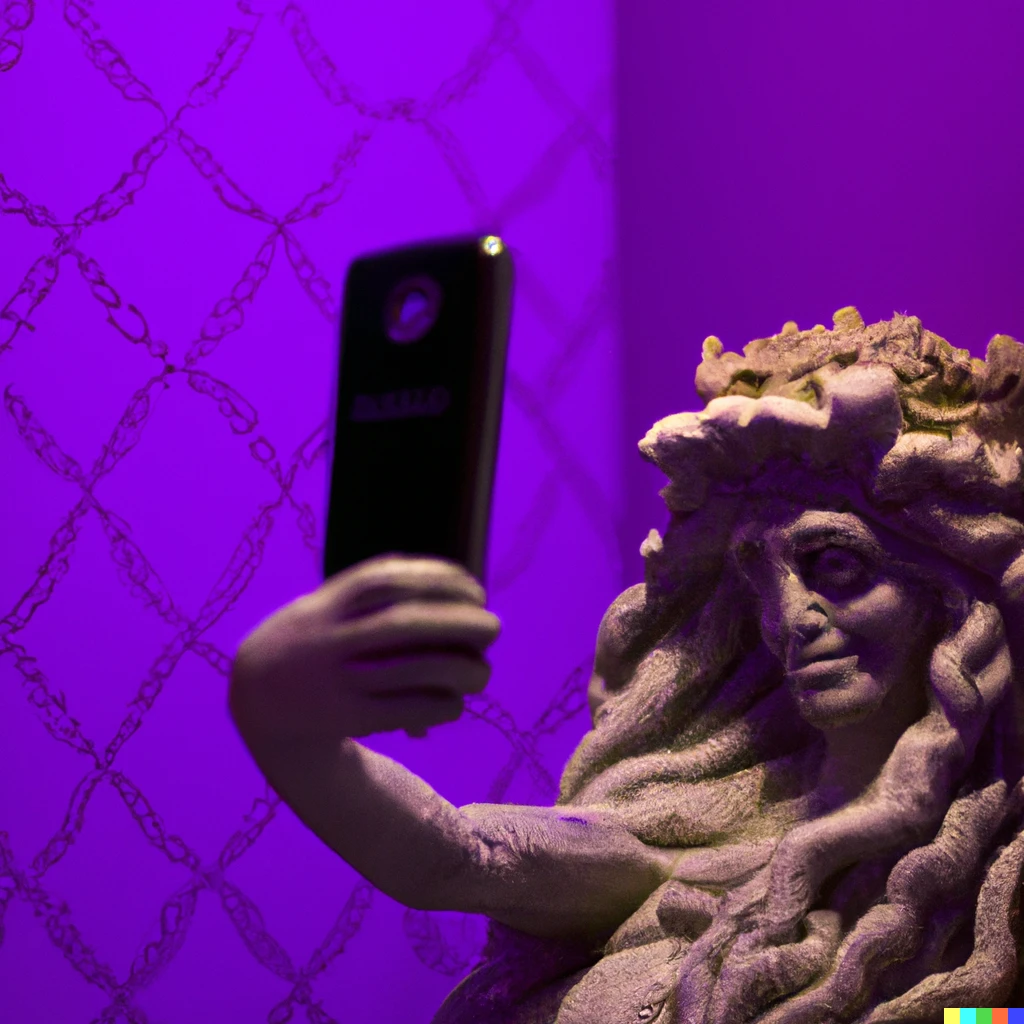 Prompt: A stone Medusa taking a selfie of herself. Background violet room.