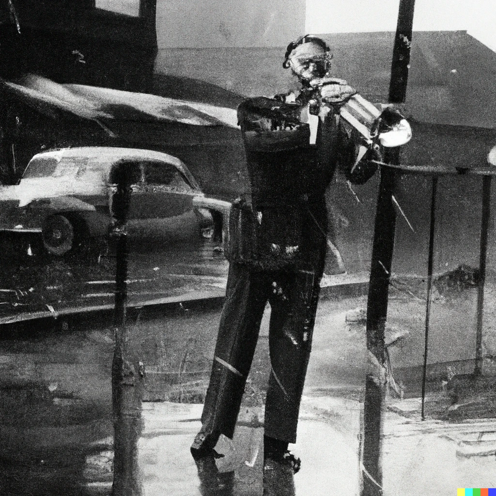 Prompt: 1940s photo of a jazz trumpet player, in the rain, in a street of Chicago.