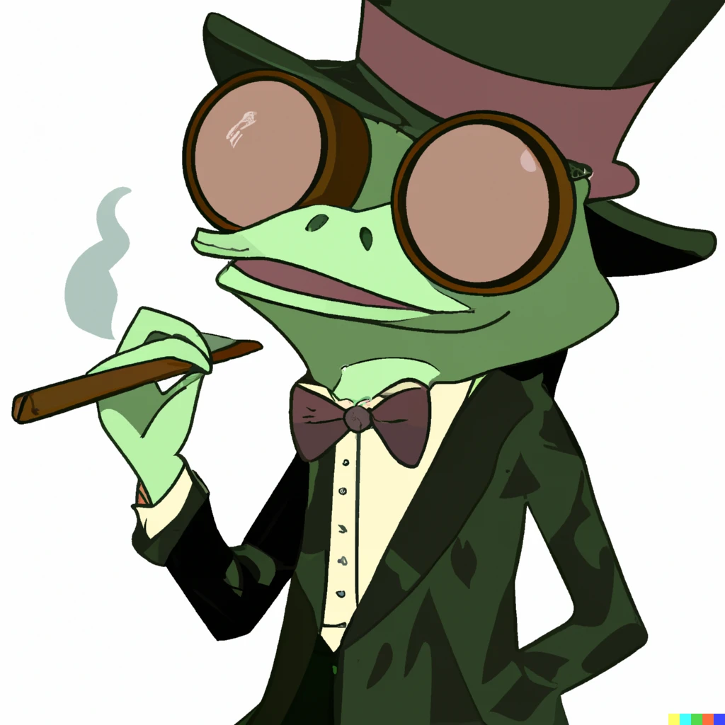 Prompt: Cartoon of a pepe frog with a tophat, sumglasses and smoking jacket.