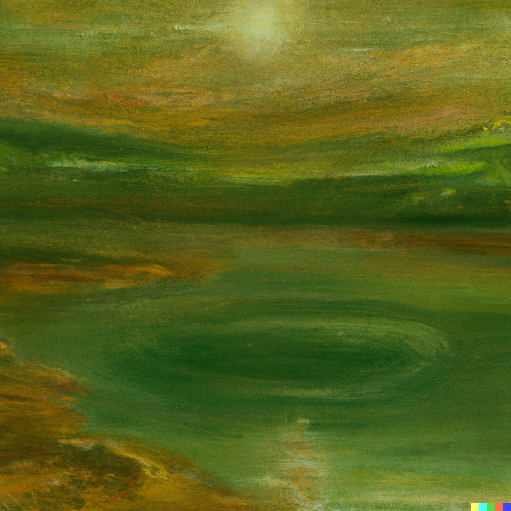 Prompt: A painting of a green coloured lake on planet Saturn, JMW Turner style.