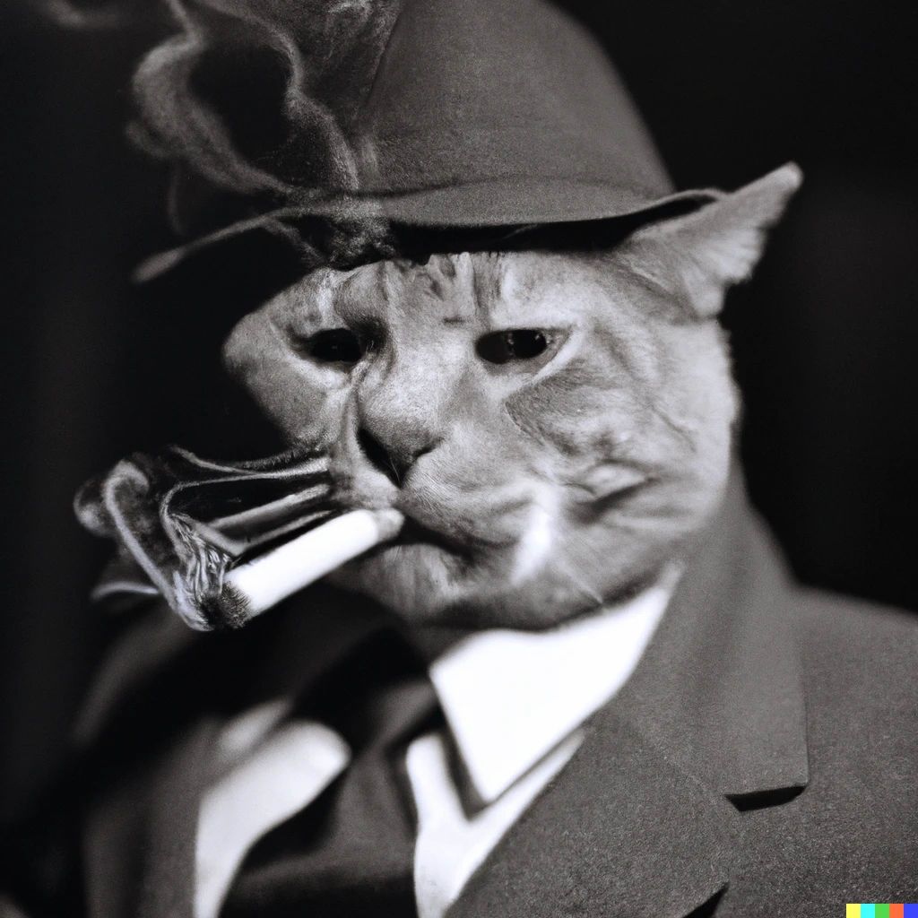 Prompt: A film noir style photograph of a cat wearing a suit, smoking a cigarette, tilted hat on its head.