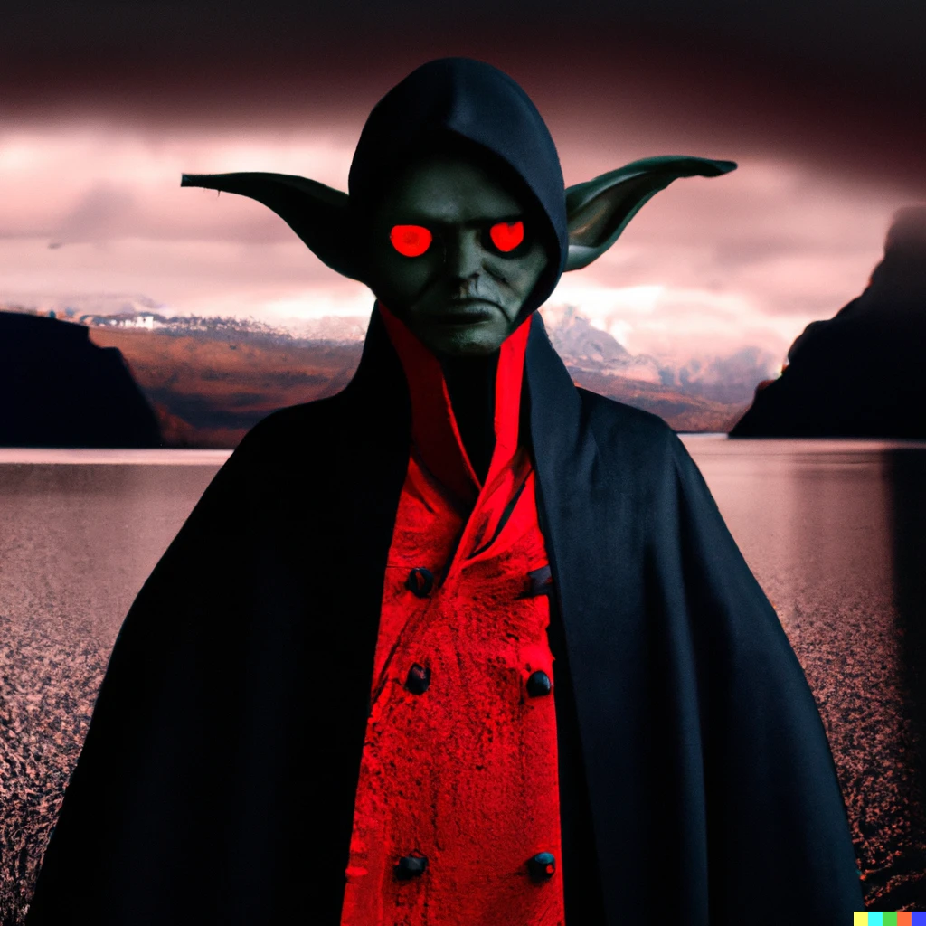 Prompt: Photo of Yoda joining the Dark Side of the Force, wearing dark cloak and hood, red eyes, background black with red lake below.