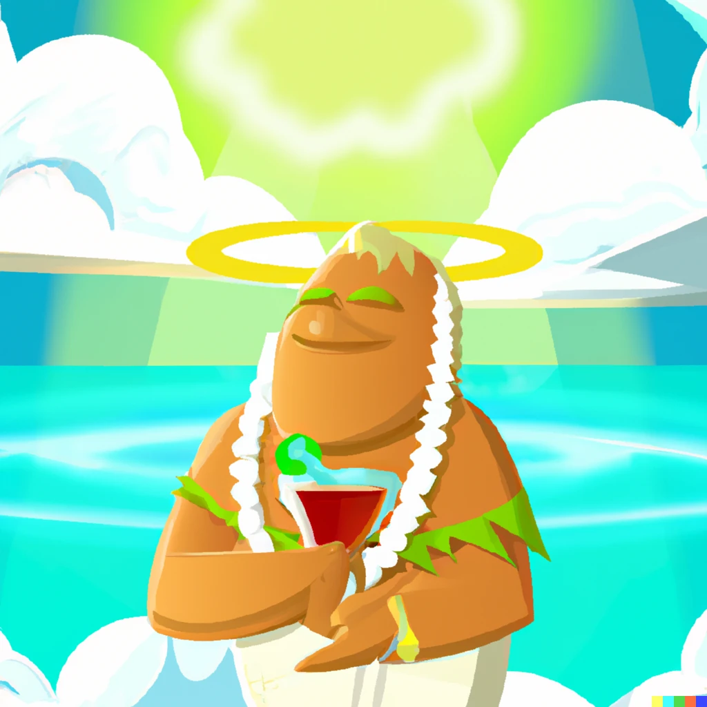 Prompt: Disney animated movie of God resting after Genesis. Drinking a daikiri on the beach of Bora Bora. Sunny day. Halo on his head. 