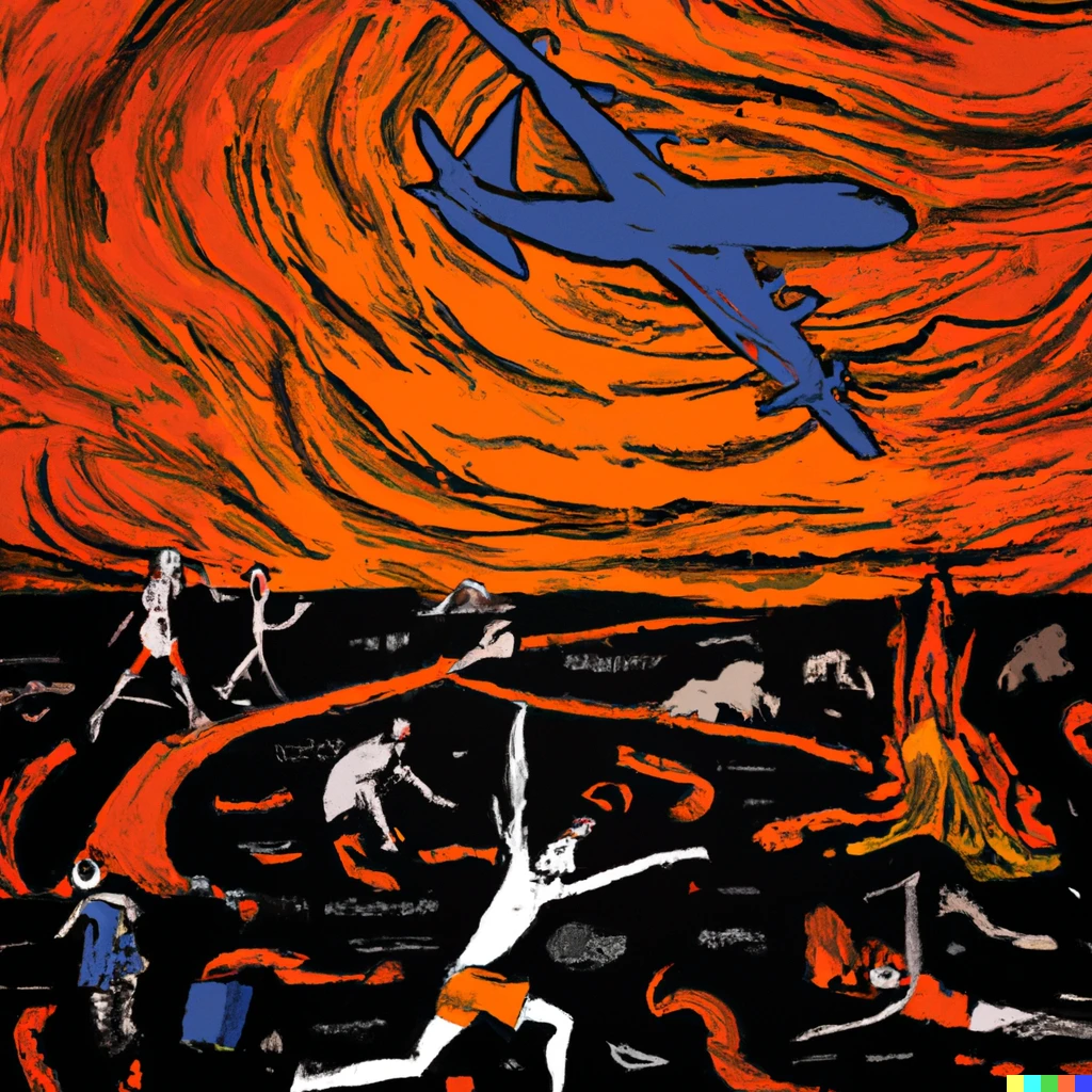 Prompt: Doing yoga in the middle of chaos, fire, red water, planes flying, people running.