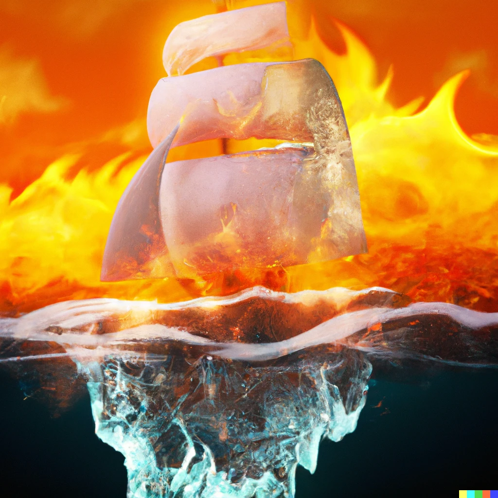 Prompt: A ship made of ice, sailing through a sea made of fire.