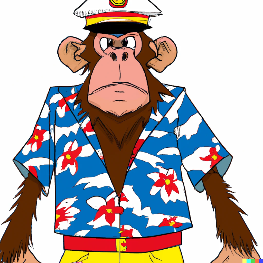Prompt: Cartoon of a slim ape wearing a captains hat and a red and blue hawaian shirt.