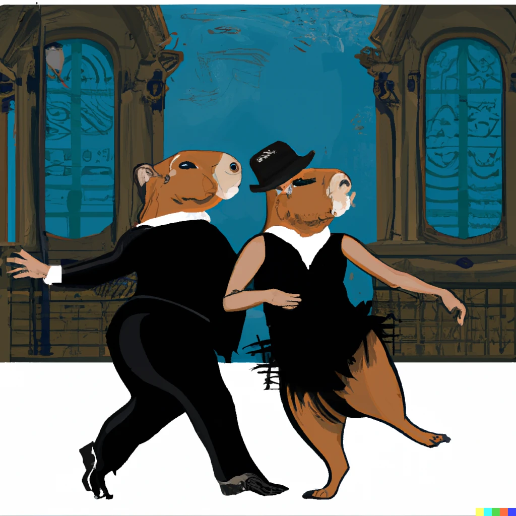 Prompt: Capybaras dancing tango wearing black tango suits. Background a 1890 bar.