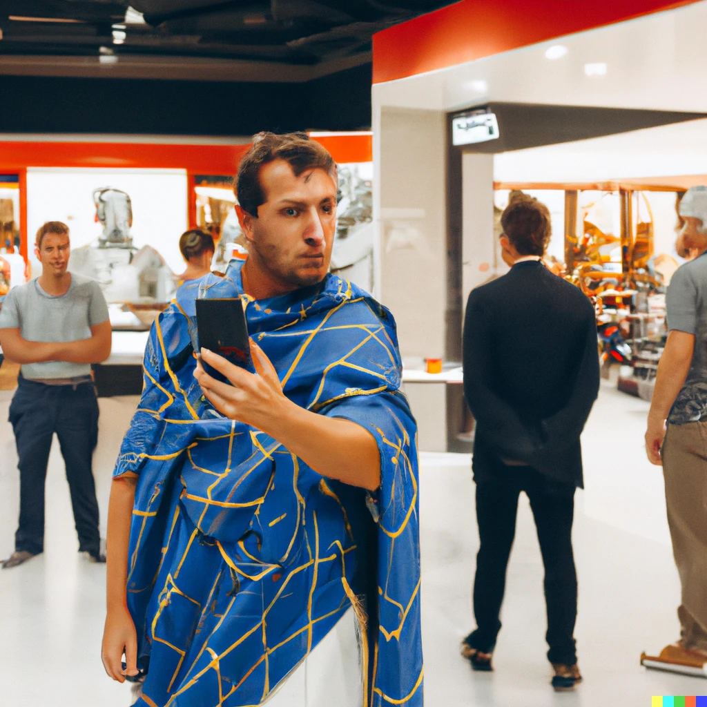 Prompt: Photo of a Roman senator using a smartphone. Background of a BestBuy store with people looking and taking pictures at him.