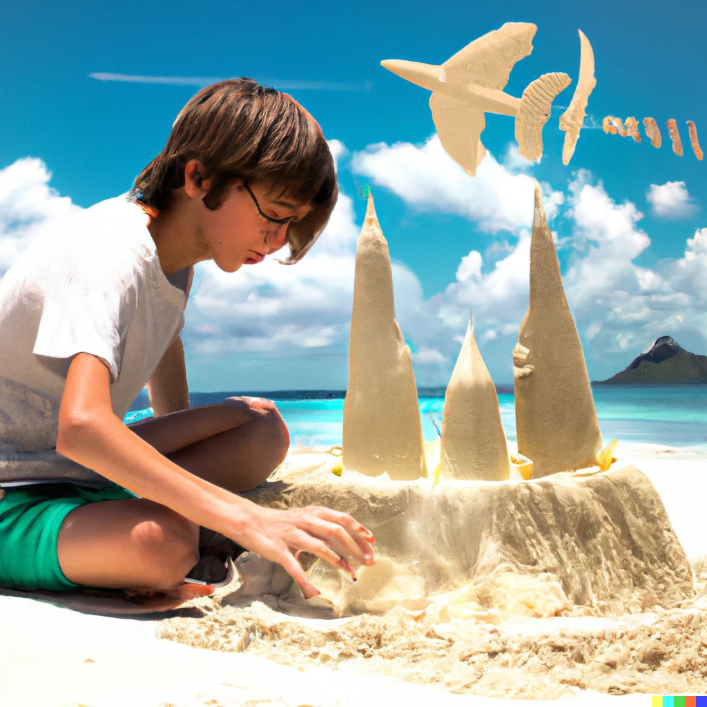 Prompt: A boy building a futuristic castle made of sand on the beach in Bora Bora. Spaceships made of sand flying in the sky. Bright sunny day.