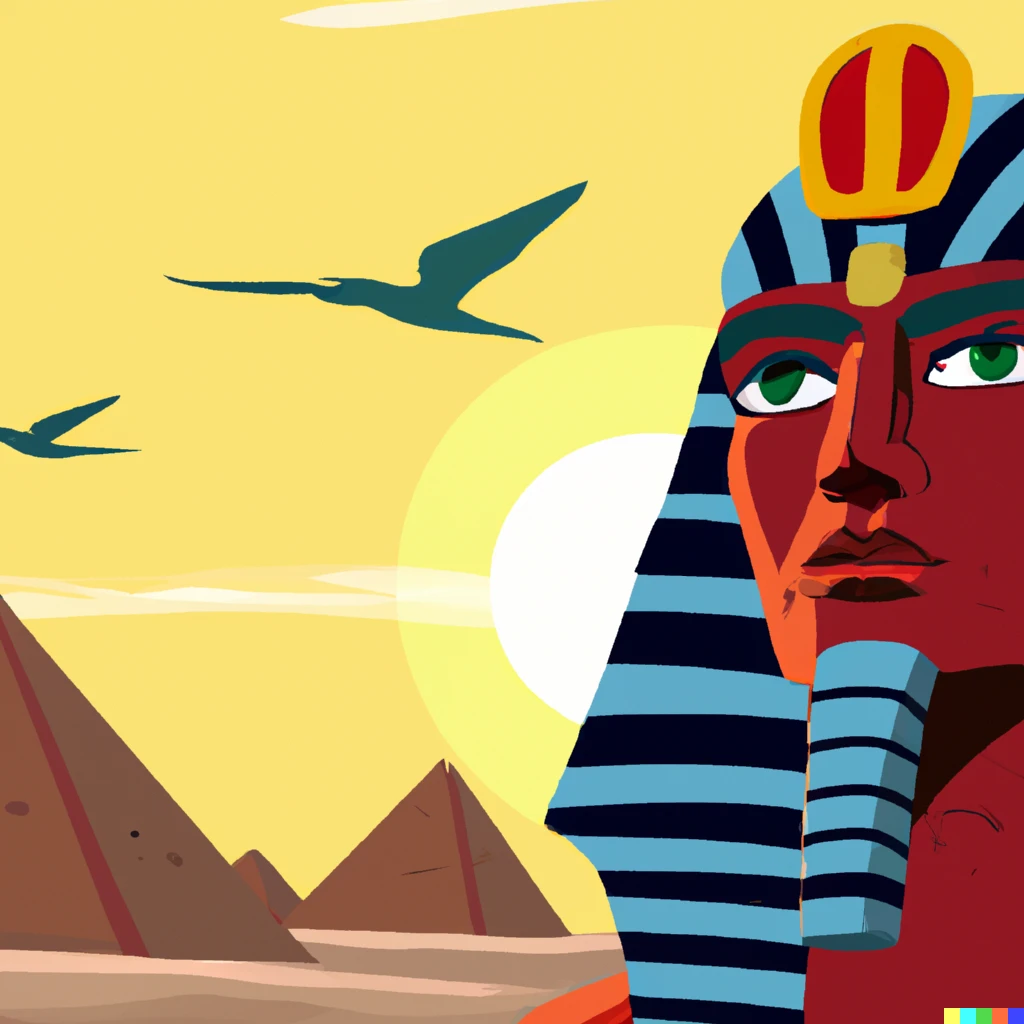 Prompt: A photorealistic picture of Amon Ra the egyptian god. Background of Keops pyramids and desert.