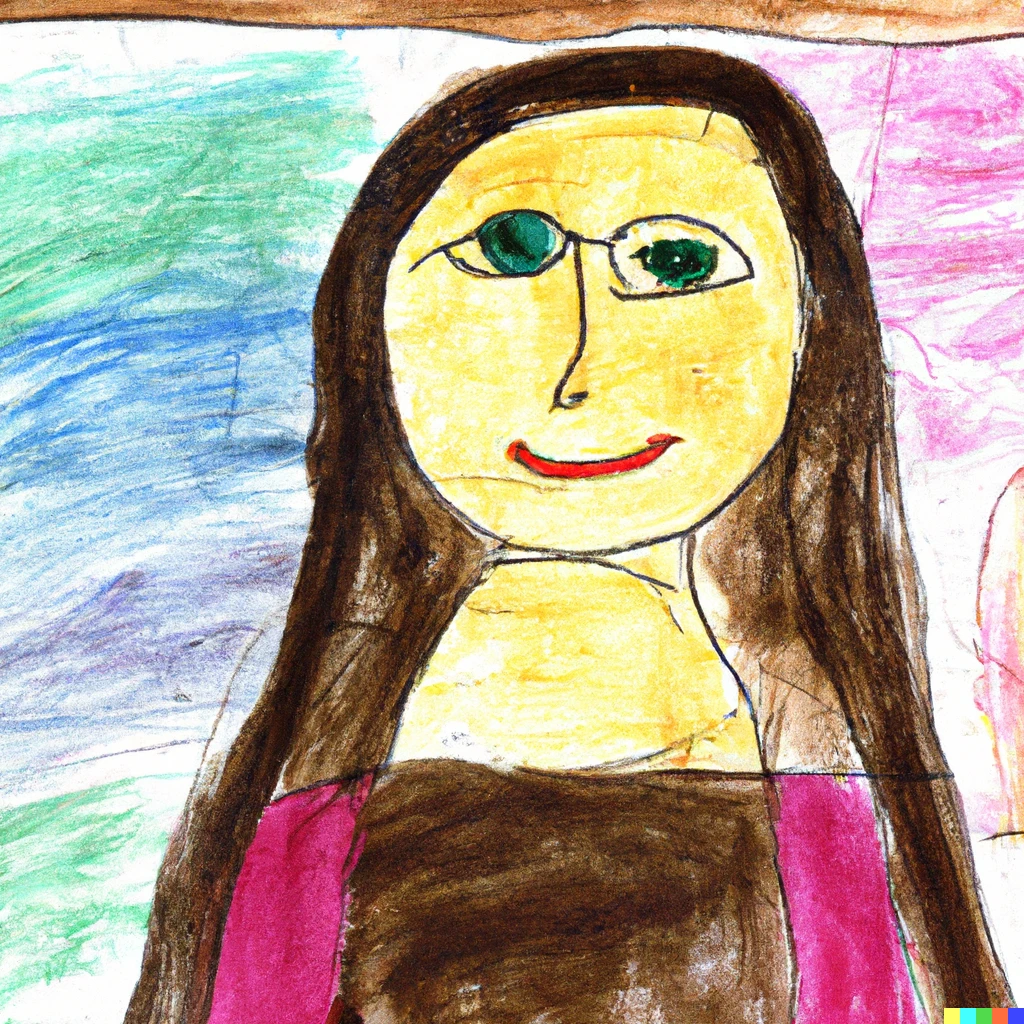 Prompt: The Mona Lisa drawn by a 5 year old with crayons and watercolors. 