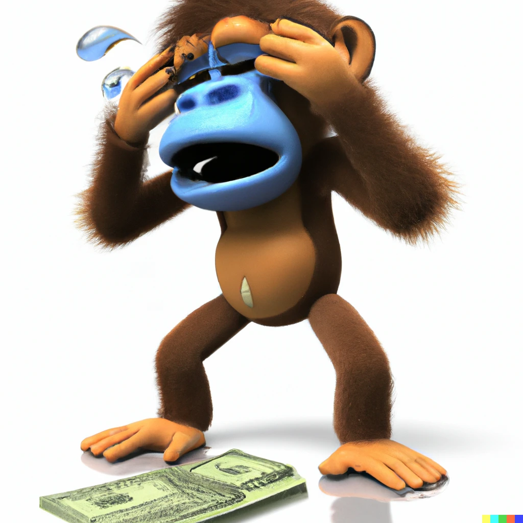 Prompt: 3D render of A Mutant Ape crying bacause he lost all his money
