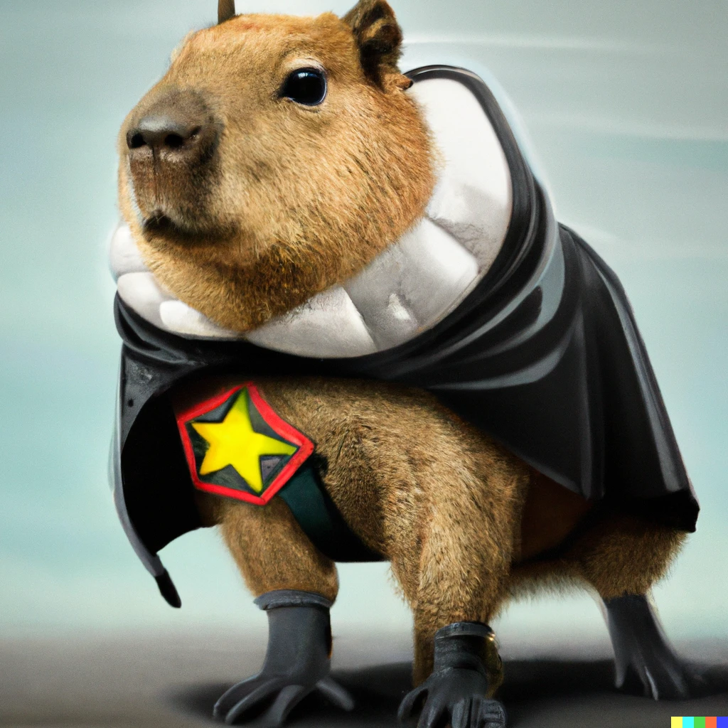 Prompt: A photorealistic photo of a capybara wearing a superhero suit and cape, marvel comic style. Digital art.